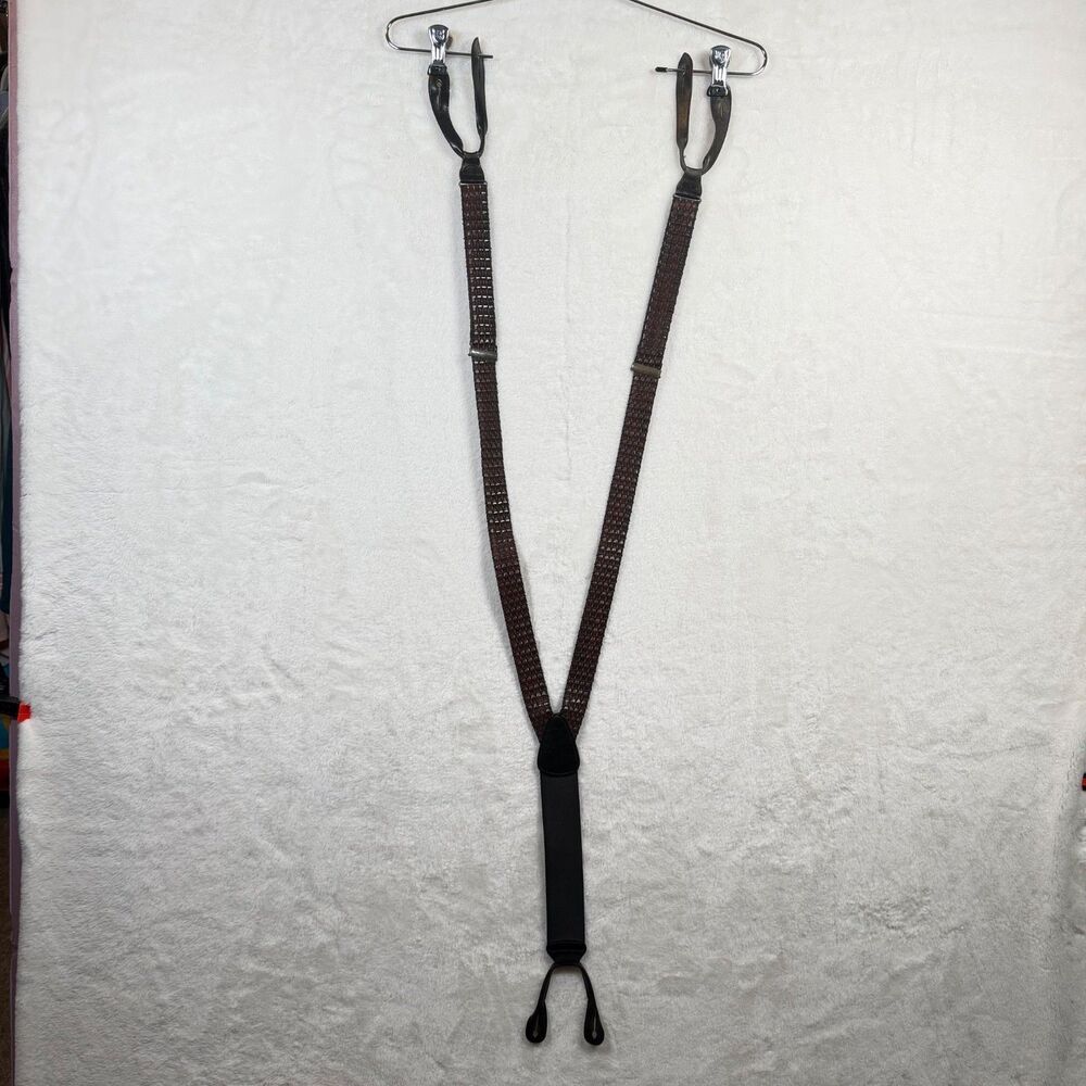 Trafalgar Brown Woven Leather Button Suspenders Basketweave Elastic Back USA